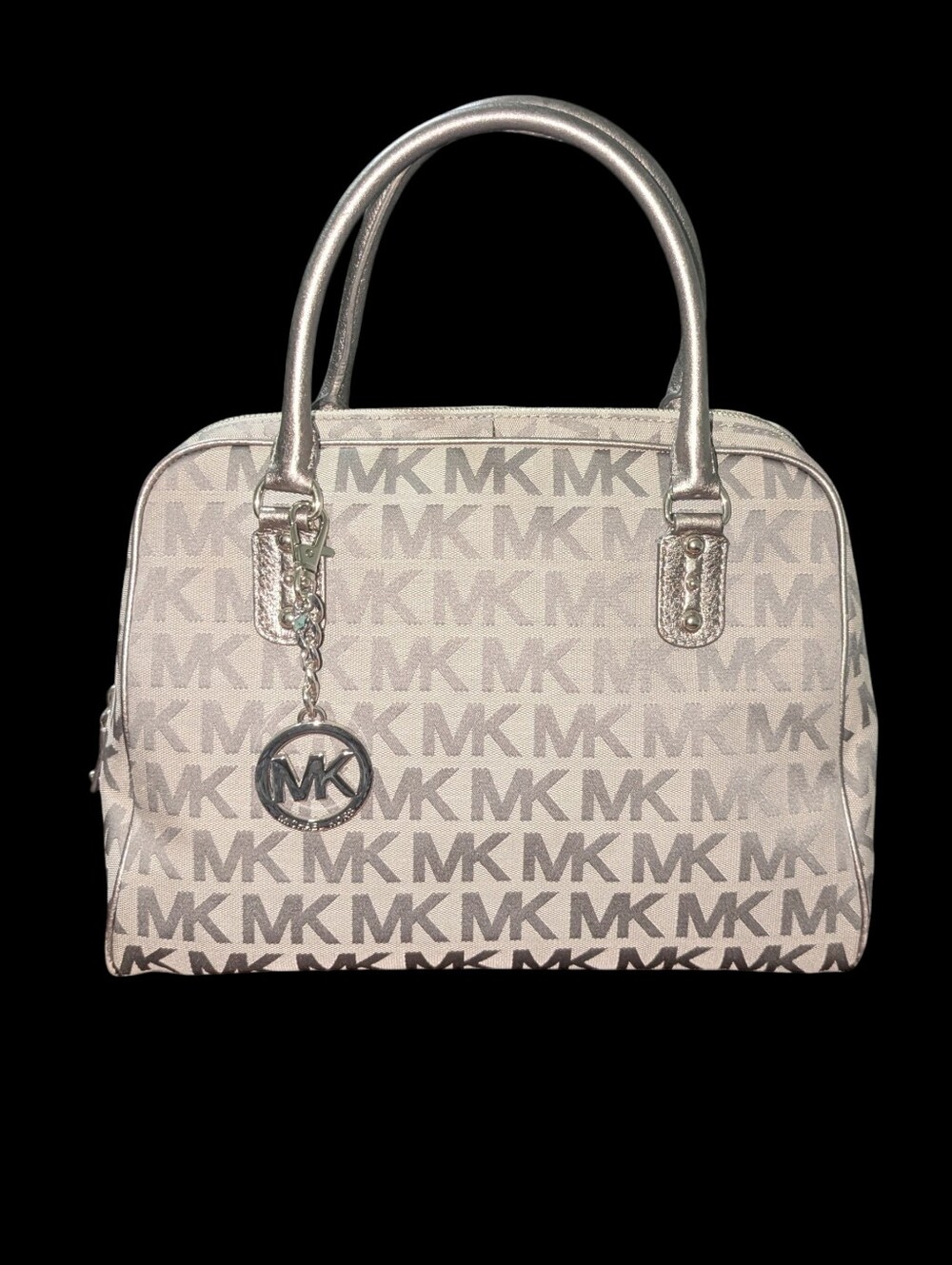 Michael Kors Jet Set Monogram Satchel Bag |Cream & Metallic Silver MK Logo Purse